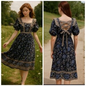 SEA New York Tess Navy Floral Puff Sleeve Open Back Smocked Midi Dress 4